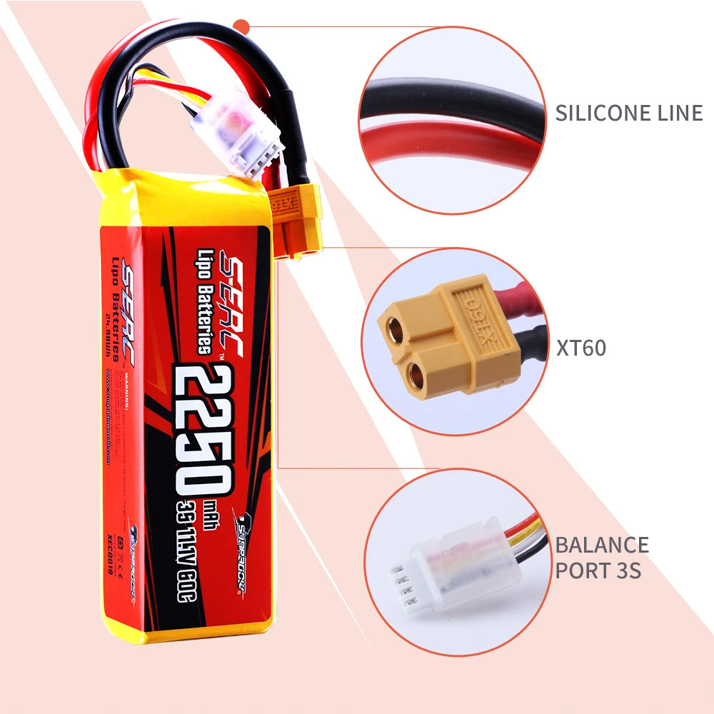 11.1V 3S RC Lipo Battery for 60C 2250mAh