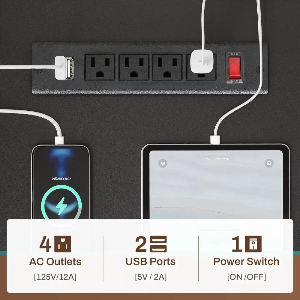 L-shaped Computer Table with Power Socket, Pin Board, with LED Light