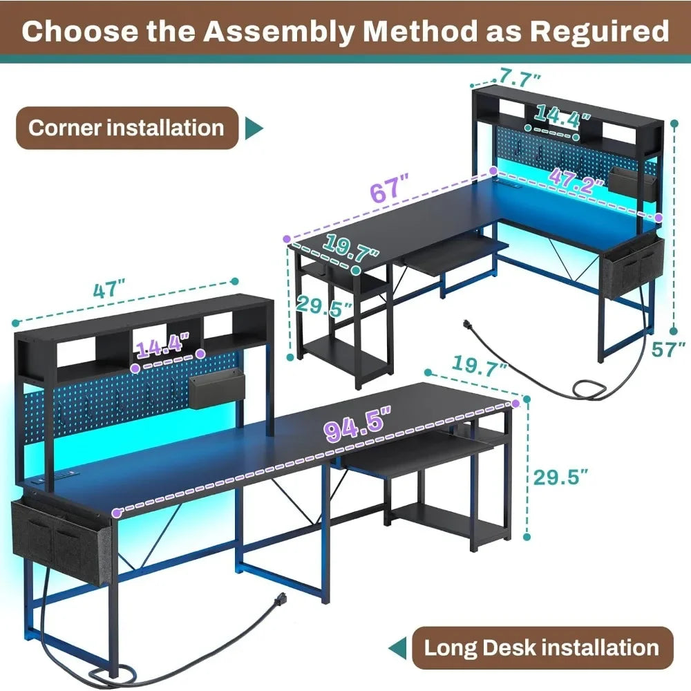 L-shaped Computer Table with Power Socket, Pin Board, with LED Light