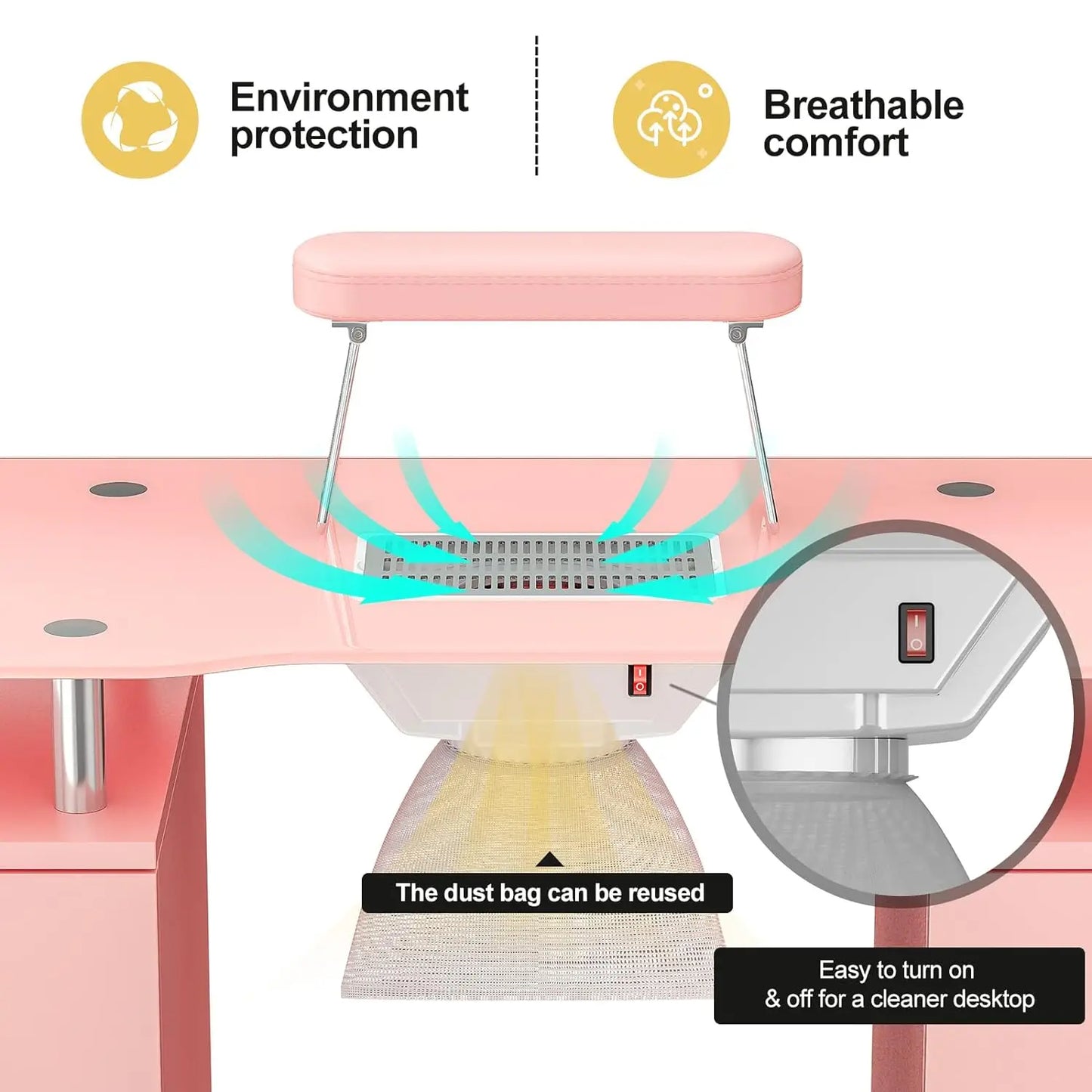 Manicure Table with Glass Top Foldable Arm Rest