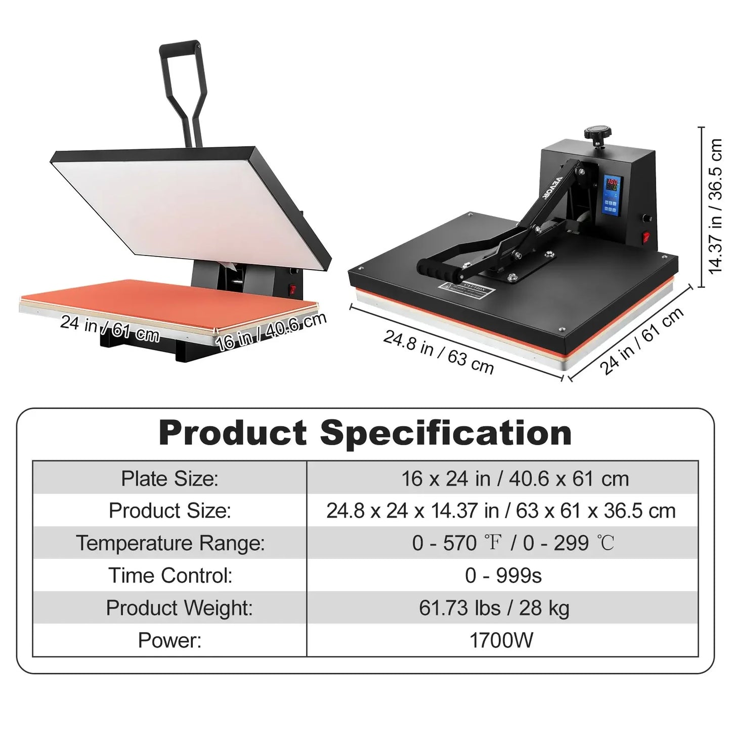 VEVOR Heat Press 16x24, 1700W Power