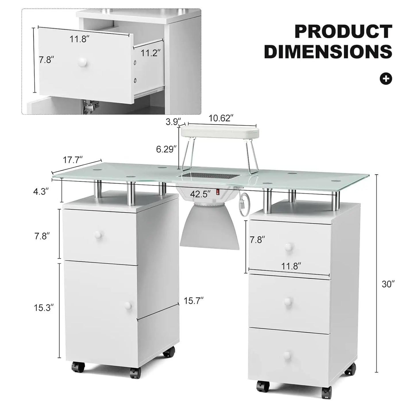 Manicure Table with Glass Top Foldable Arm Rest