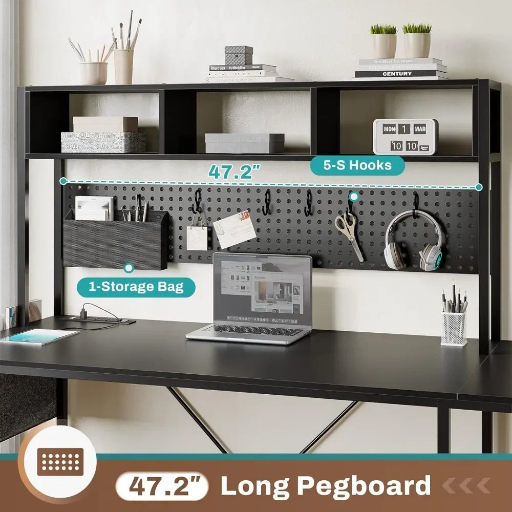 L-shaped Computer Table with Power Socket, Pin Board, with LED Light