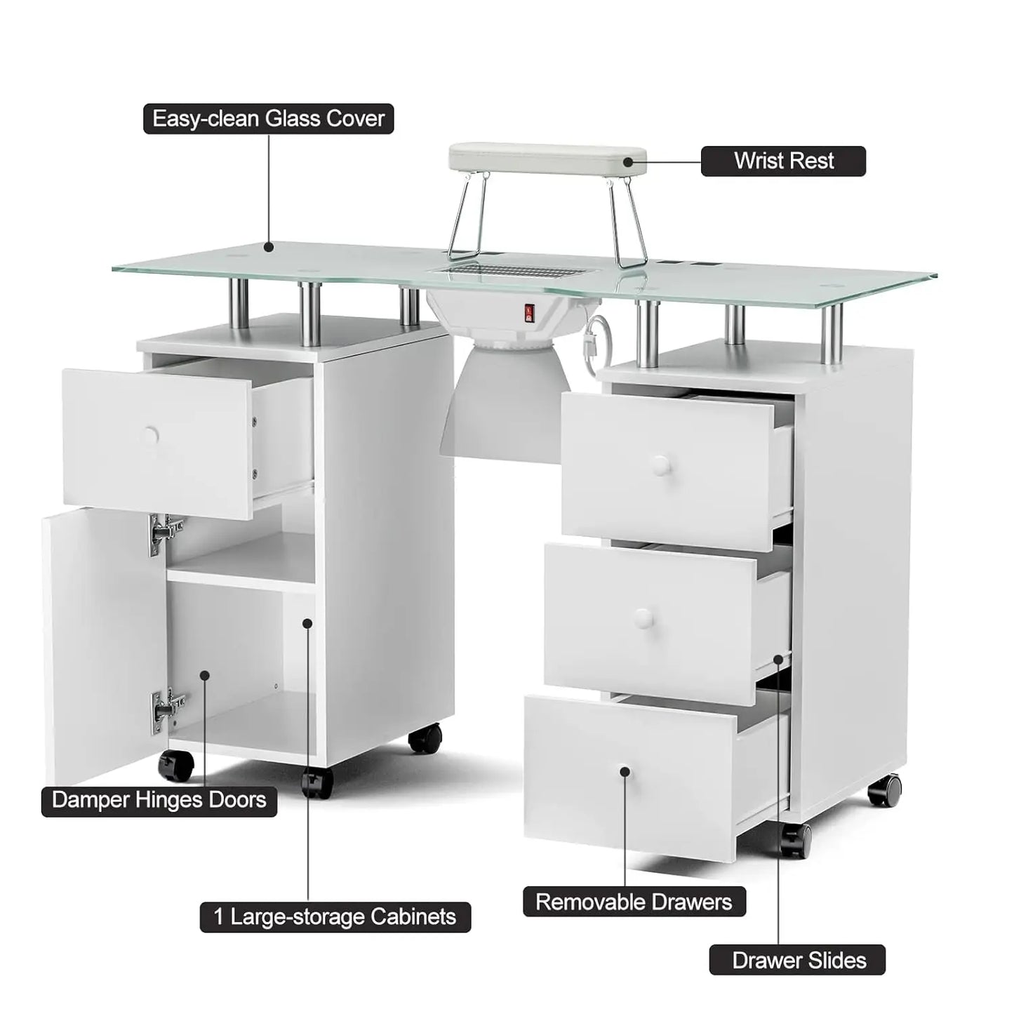 Manicure Table with Glass Top Foldable Arm Rest